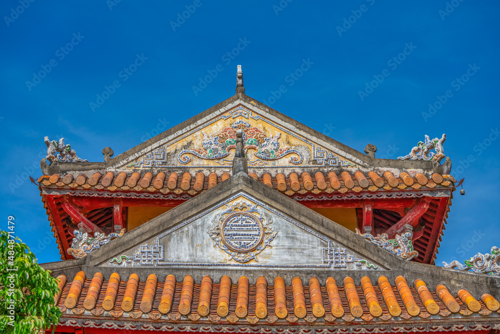 Decoration of the Hien Lam Cac house in the Imperial City with the Purple Forbidden City within the Citadel in Hue, Vietnam. Imperial Royal Palace of Nguyen dynasty