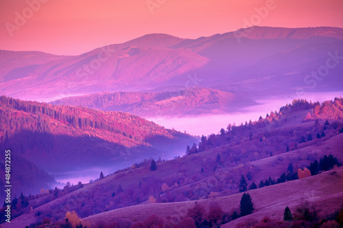 Beautiful mountains during sunset. Trendy Velvet Violet color. Carpathian mountains, Ukraine