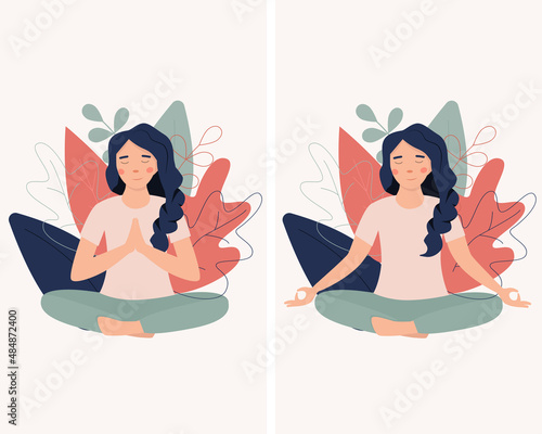 Woman meditate in nature. Concept illustration for yoga classes