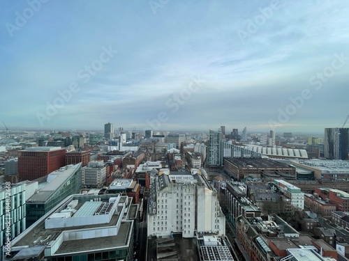 City view with modern buildings and landmarks. Taken in Manchester England. 