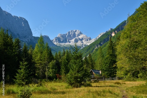 View of Bavski grintavec mountain in Zadnja Trenta valley in Julian alps and Triglav national park, Slovenia with a meadow and a wooden hut in front of a coniferous larch and spruce forest