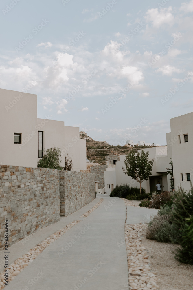 Contemporary shapes of the modern building in Milos Island, Greece. The building is captured on a sunny day