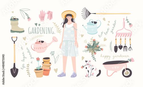Cute garden set. Illustrations of garden tools for growing and caring for plants. Collection of cute graphic elements: watering can, shovel, rake, gardener girl and more. Vector in cartoon style