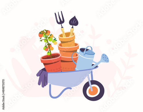 Cute illustration with wheelbarrow and garden tools. Caring, working and growing plants. Gardening concept. hand drawn cartoon style. Vector