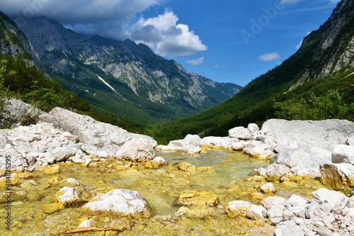 Triglavska bistrica water stream in Vrata valley in Julian alps and Triglav national park, Slovenia with forest covering the valley and mountains behind photo