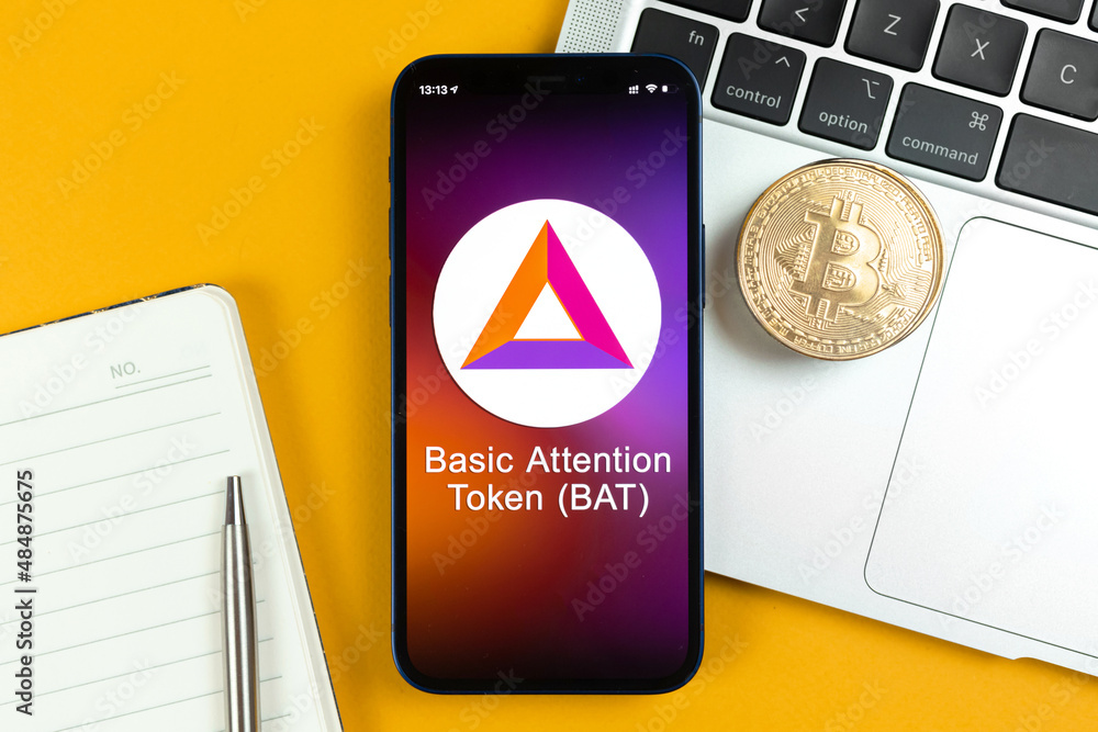 Basic Attention Token BAT symbol. Trade with cryptocurrency, digital and  virtual money, banking with mobile phone concept. Business workspace, table  with laptop top view photo Stock Photo | Adobe Stock