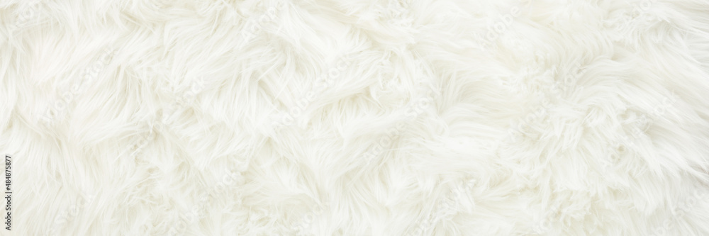 Light white fur background. Empty place for text. Wide banner. Top down view. Light white fur background. Empty place for text. Wide banner. Top down view.