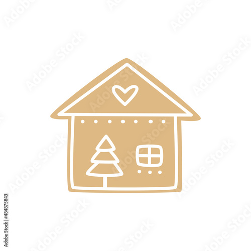 Traditional gingerbread house isolated on light background. Flat cartoon colorful vector illustration