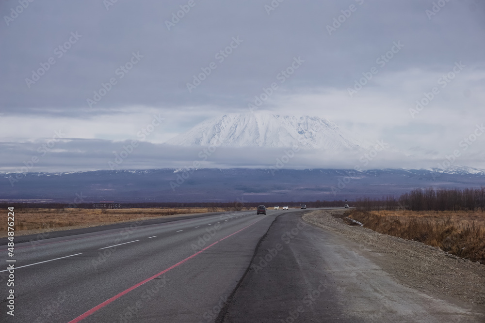 Road and Koryaksky Volcano in Kamchatka