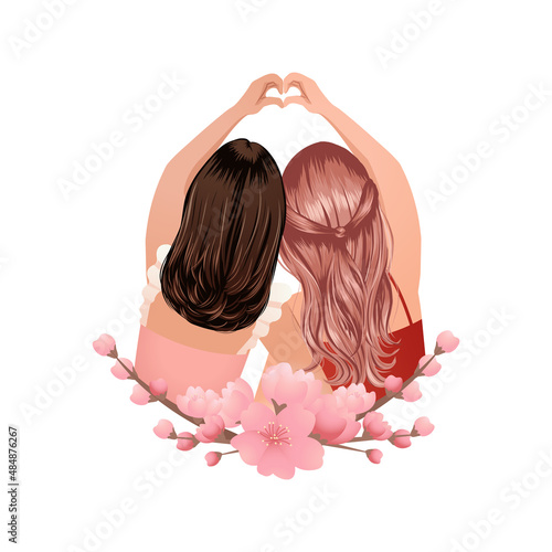 Two girl best friend make a heart sign gesture. Sister for life concept