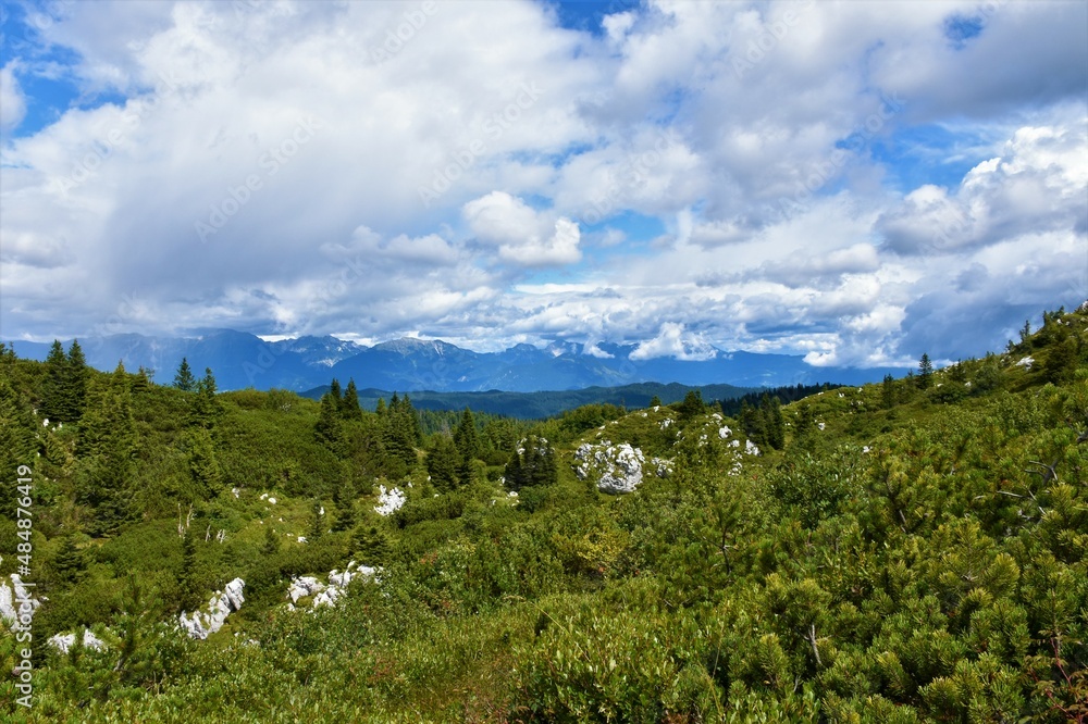 Obraz premium View of Karavanke mountains and Kamnik-Savinja alps in Gorenjska, Slovenia from Ratitovec above Jelovica plateau