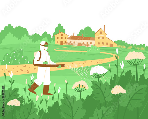 A man in protective clothing sprays herbicide on a cow parsnip. Protecting villages from dangerous plants. The spread of hogweed has upset the ecological balance. Flat vector illustration.