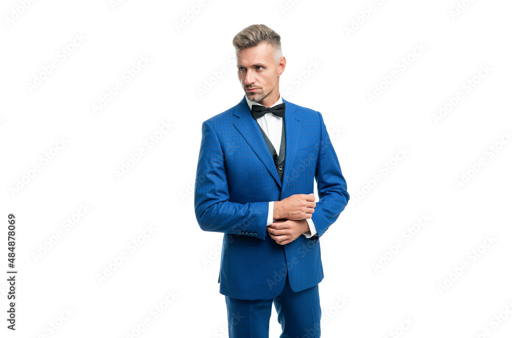 mature man has graying hair in bow tie blue suit. gentleman in formal wear. mature man has graying hair in bow tie blue suit. gentleman in formal wear.