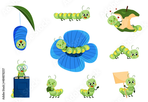 Cute cartoon caterpillars set vector illustration isolated on a white background. Cute funny insects for kids.