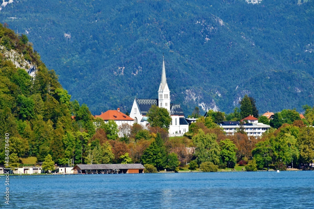 Parish Church of St. Martin at Bled, Slovenia and lake bled in front