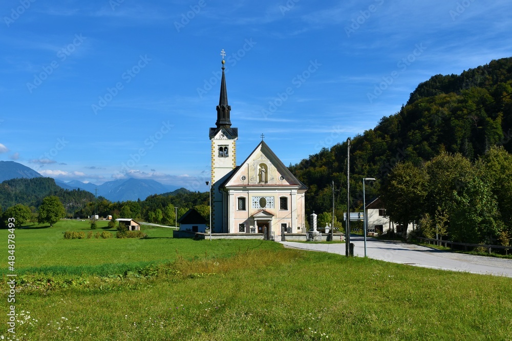 View of parish Church of St . Margaret in Bohinjska Bela near Bled in Gorenjska region of Slovenia