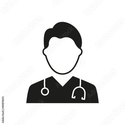 Professional Doctor with Stethoscope Silhouette Icon. Male Physicians Specialist and Assistant Black Pictogram. Isolated Vector Illustration