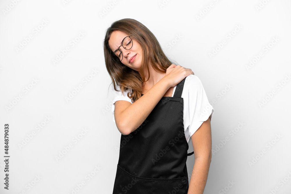 Young caucasian restaurant waiter woman isolated on white background suffering from pain in shoulder for having made an effort Young caucasian restaurant waiter woman isolated on white background suffering from pain in shoulder for having made an effort