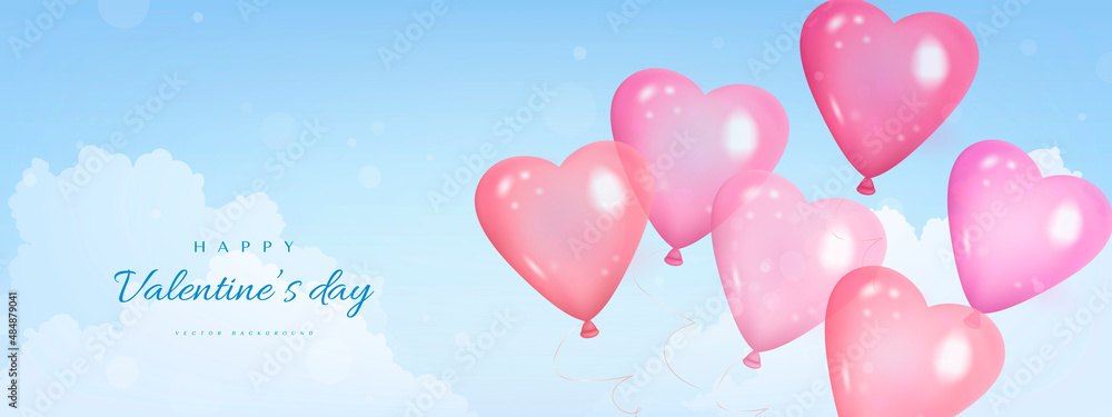 Happy valentine's day banner with realistic balloons and sky. Vector illustration