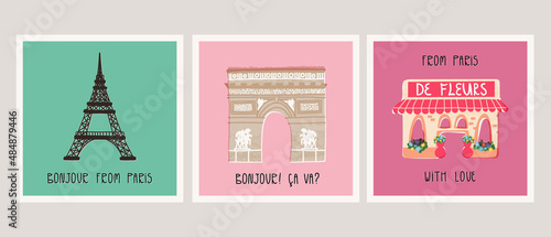Bonjour from Paris retro style card collection. France landmarks Eiffel Tower, Triumphal Arc, Flower shop with canopy.
