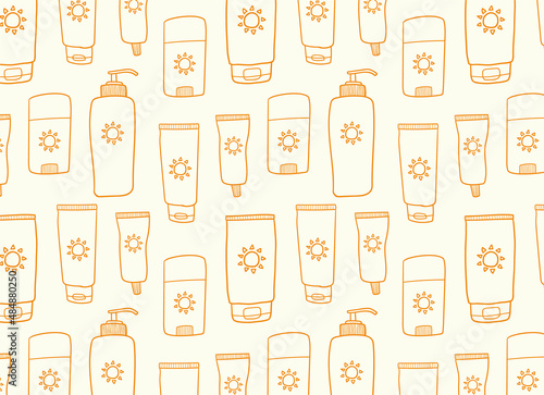 Sunscreen spf cream seamless pattern. Abstract doodle style linear sunblock bottles, lotions, sticks on light yellow background. Cute summer vacation pattern texture wrapping paper design vector.