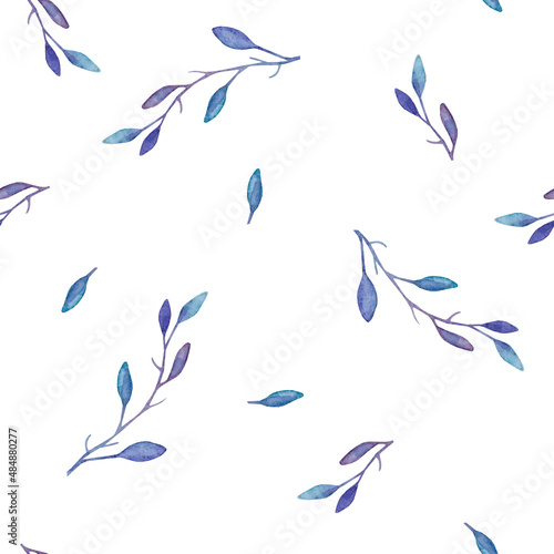 A seamless, endless pattern of delicate blue-purple small twigs with small leaves. The branches are chaotically arranged on a white background.