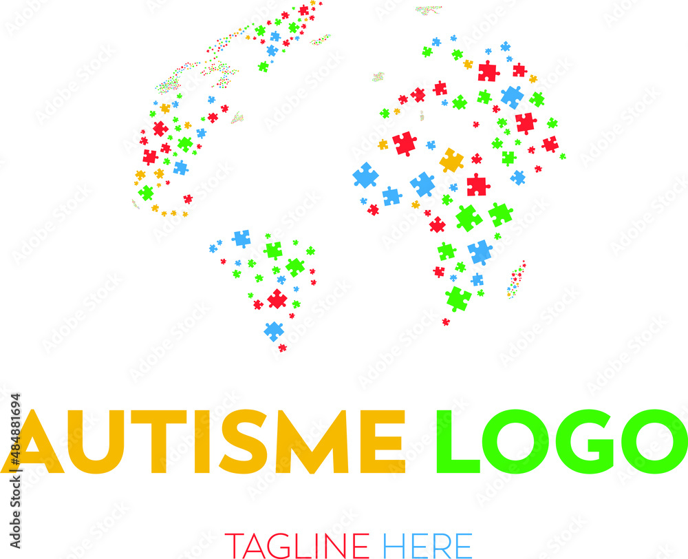 Autism Awareness Day. It's okay to be different. Trend lettering. earth Multicolored puzzle .autism colors Healthcare concept. Vector illustration on white background