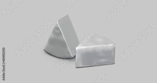 Cheese in a metallic wrapper. Triangular package. Illustration isolated. MockUp template ready for your design. High quality and realistic 3D illustration.