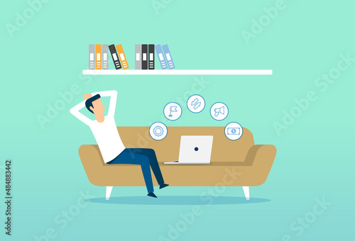 Work from home during coronavirus pandemic, burnout syndrome, tired man with low energy battery, working on laptop