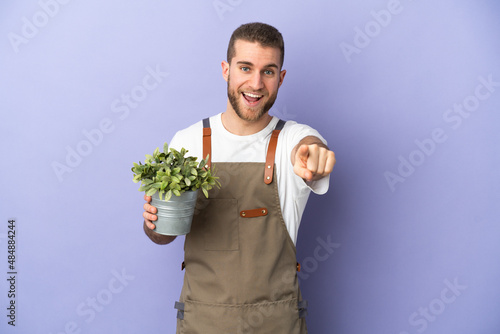 Gardener caucasian man holding a plant isolated on yellow background surprised and pointing front