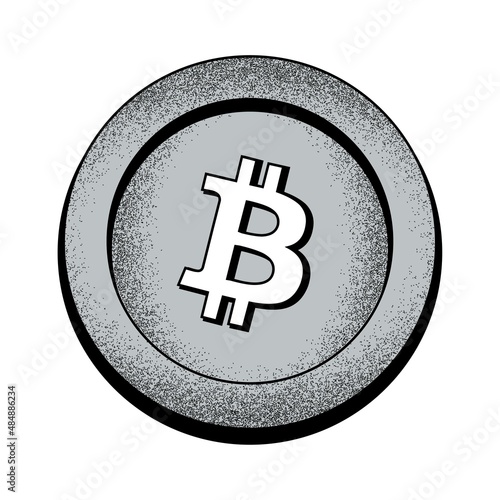 A gray bitcoin coin with a black outline, shadow, and noise effect. Vector stock image.
