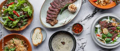 Grilled & Roasted Beef Steaks, Celery soup and Salads