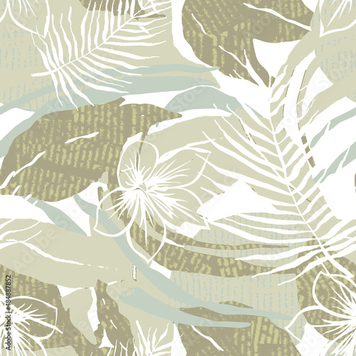 Contemporary exotic leaves seamless pattern collage design. Creative tropical leaf wallpaper. Design for fabric, textile print, wrapping paper, fashion, interior, cover. Botanical vector illustration