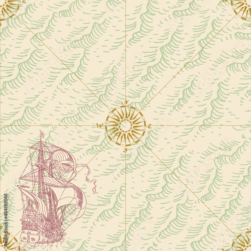 vector image of seamless texture of vintage nautical map in the style of medieval engravings	
