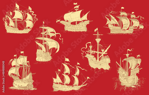 vector set of vintage ships in the style of medieval engraving	