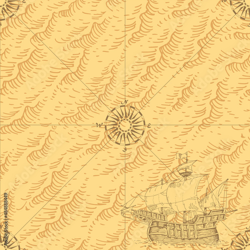 vector image of seamless texture of vintage nautical map in the style of medieval engravings	