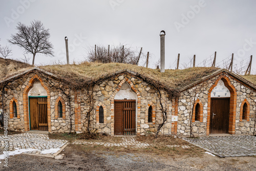 Vrbice,wine village in Moravia,Czech Republic,with wine cellar alley.Stone buildings with press rooms and long vault cellars.Small wine houses with plants over roof,cloud winter day.Wine tasting photo