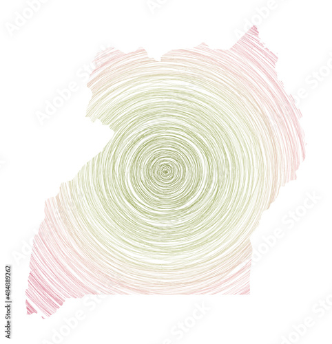Uganda map filled with concentric circles. Sketch style circles in shape of the country. Vector Illustration.