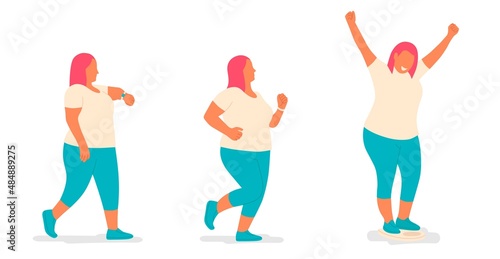 Fat woman in sportswear doing fitness.