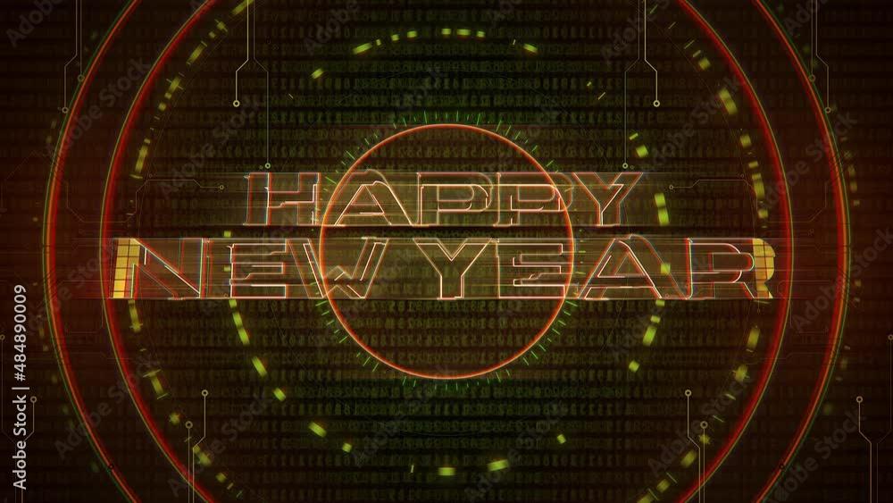 Happy New Year with HUD circles and matrix, motion abstract holidays, futuristic and cyberpunk style background Happy New Year with HUD circles and matrix, motion abstract holidays, futuristic and cyberpunk style background