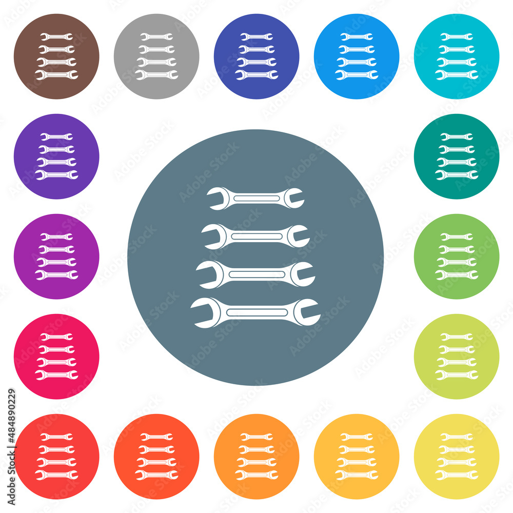 Set of wrenches flat white icons on round color backgrounds Set of wrenches flat white icons on round color backgrounds