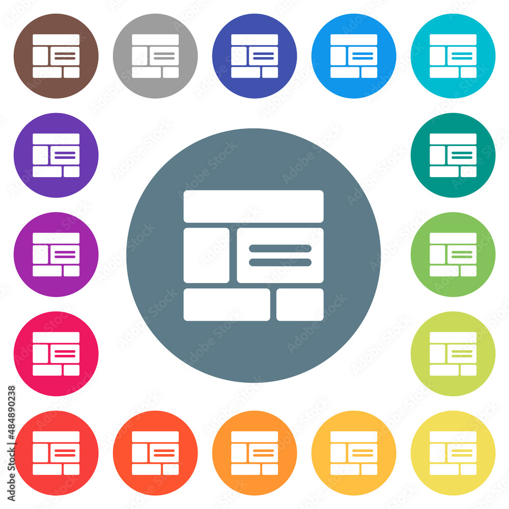 Web layout solid flat white icons on round color backgrounds Web layout solid flat white icons on round color backgrounds
