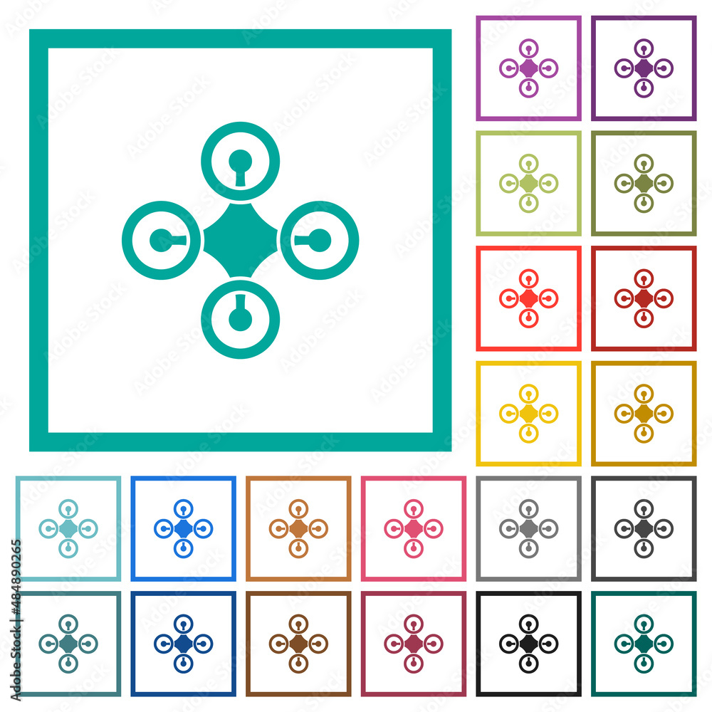 Drone top view solid flat color icons with quadrant frames Drone top view solid flat color icons with quadrant frames