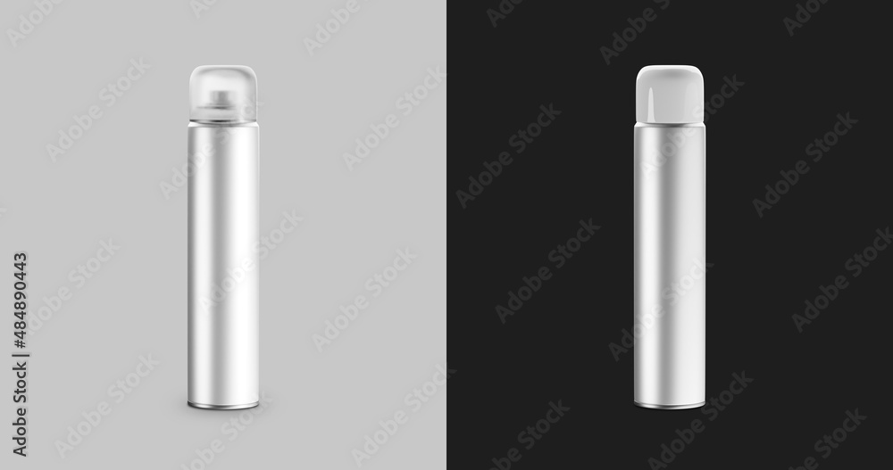 White and silver metallic bottle with spray cap for cosmetics, perfumes, deodorants, air fresheners or hairspray. Transparent and opaque plastic lid. 3D Illustration. White and silver metallic bottle with spray cap for cosmetics, perfumes, deodorants, air fresheners or hairspray. Transparent and opaque plastic lid. 3D Illustration.