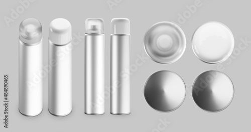 White and silver metallic bottle with spray cap for cosmetics, perfumes, deodorants, air fresheners or hairspray. Transparent and opaque plastic lid. 3D Illustration.