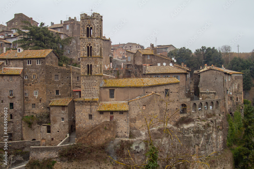 Remote view of The medieval Village Ronciglione(VT),Building on the the tuff rocks.Its located along the route west of Lake Vico of the Via Francigena  ,about 55 km from Rome .Cultural landmark. 