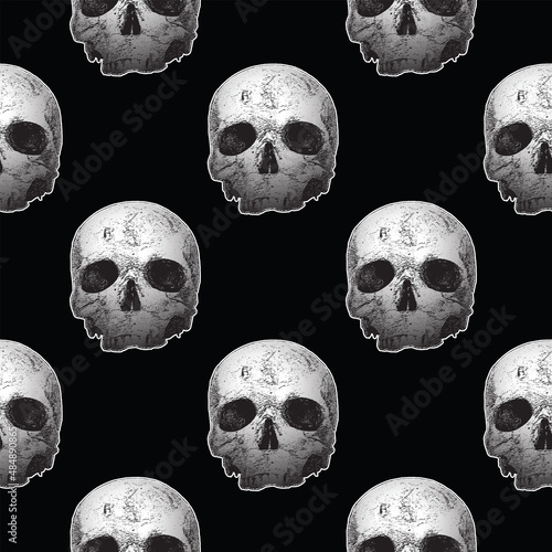 vector image of seamless texture with skulls on black background