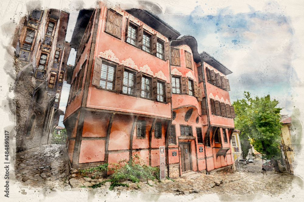 History Museum in the old town of Plovdiv, Bulgaria in watercolor illustration style