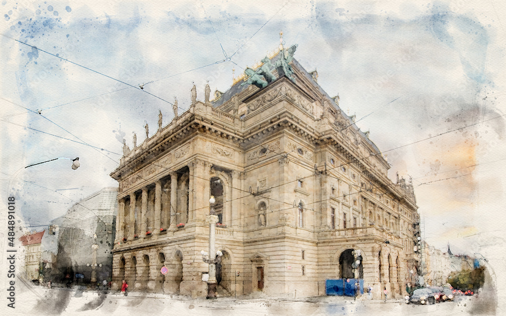 Naklejka premium National Theater from the Legion Bridge. known as the alma mater of Czech opera in Prague, Czech Republic in watercolor illustration style