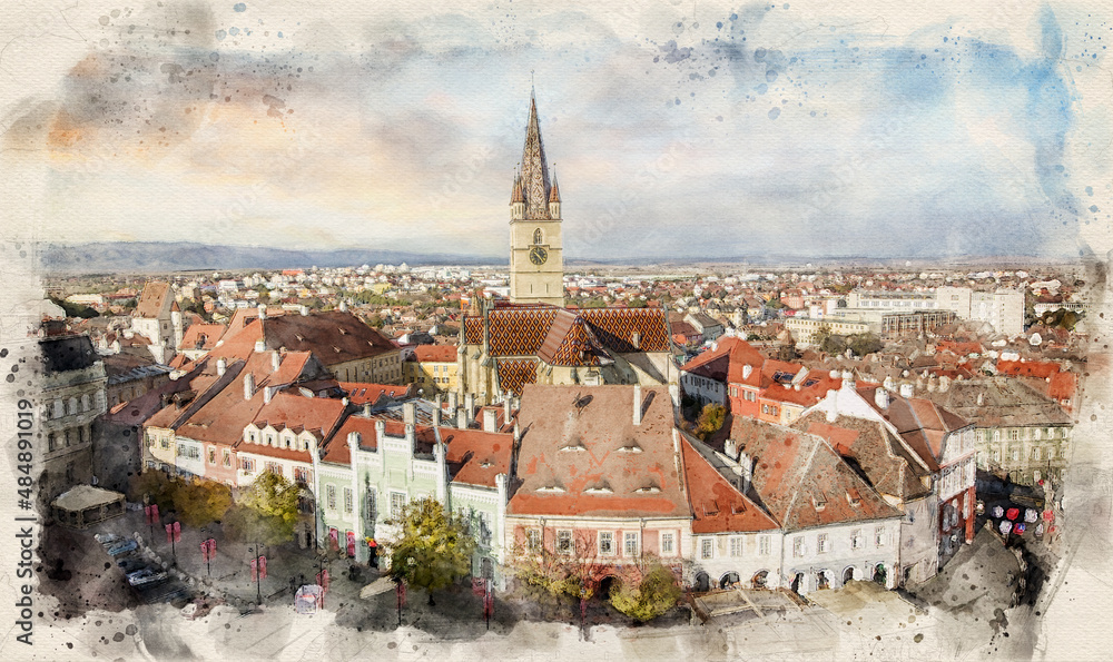 Sibiu, Romania from the Council Tower with the Small Square in watercolor illustration style
